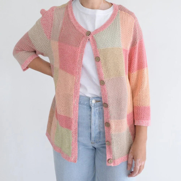 Sweaters - Vintage Christopher & Banks Pink Tan Fishnet Knit Button Up Cardigan Sweater 1X